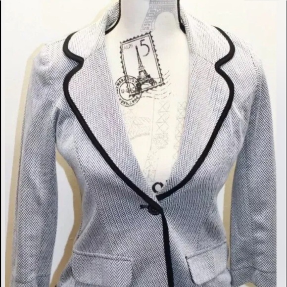 Monteau Women Cropped Herringbone Black White with contrast Piping Blazer Small - Picture 7 of 8